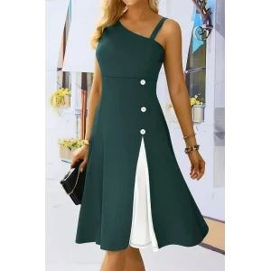 Kadın Tek Omuzu şerit Detaylı Kolsuz Yandan Düğme Detaylı Janjan Krep Elbise