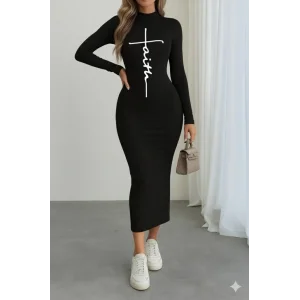 Kadın Uzun Kollu Boğazlı Baskı Detaylı Viskon Tam Boy Elbise