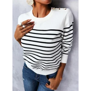 Kadın Uzun Kollu Omuzu Düğme Detay çizgili Triko Kazak