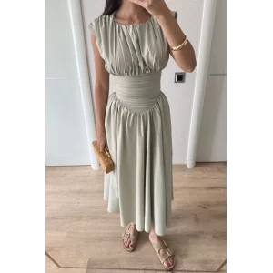 Kolsuz Bel Detaylı Yazlık Poplin Kumaş Uzun Elbise - Yeşil