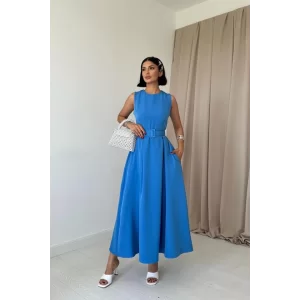 Mavi Halter Yaka Kloş Elbise