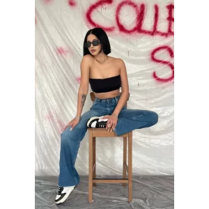 Mavi Yüksek Bel Ve Geniş Paça Jeans Pantolon