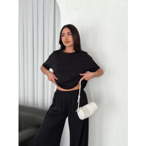 Osy Modal Yumuşak Dokulu Kumaş Bisiklet Yaka T-shirt Bol Paça Pantalon Ikili Takım -Siyah
