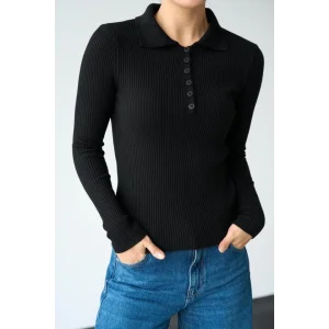 Polo Yaka 6 Düğmeli Kazak - Siyah