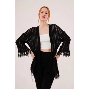 Püskül Detaylı Delikli Model Siyah Hırka