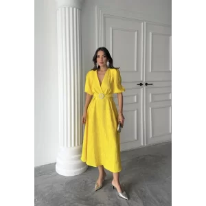 Sarı Işıltılı Kemerli Kruvaze Elbise