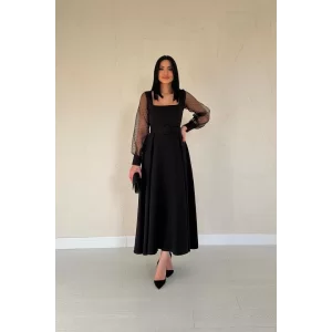 Siyah Kolları Organze Kuplu Elbise