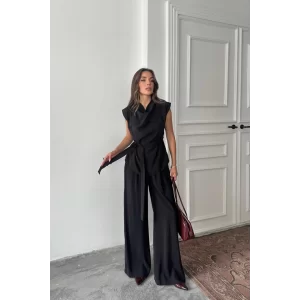 TENCEL MODAL KOLSUZ BLUZ KAPALI CEP DETAYLI DÖKÜMLÜ - PANTOLON TAKIM - Siyah