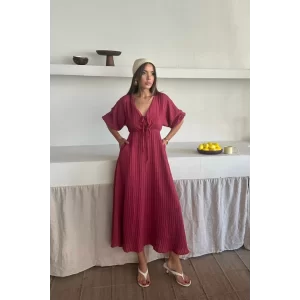 V YAKA DÖKÜMLÜ ELBİSE - Pembe
