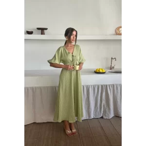 V YAKA DÖKÜMLÜ ELBİSE - Yeşil