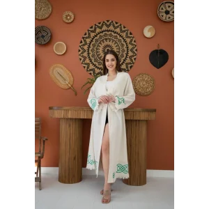 Yeşil Baskı Detay Keten Hırka