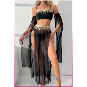 Siyah Pul Aksesuarlı Tül Etekli Kadın Seksi Gecelik