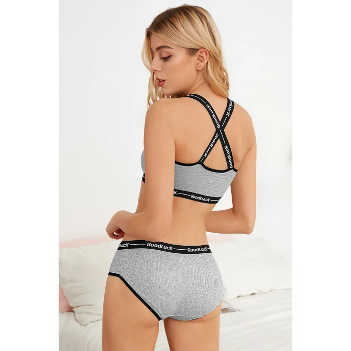Kadın Gri Çapraz Sırtlı Yazılı Iç Çamaşır Takımı