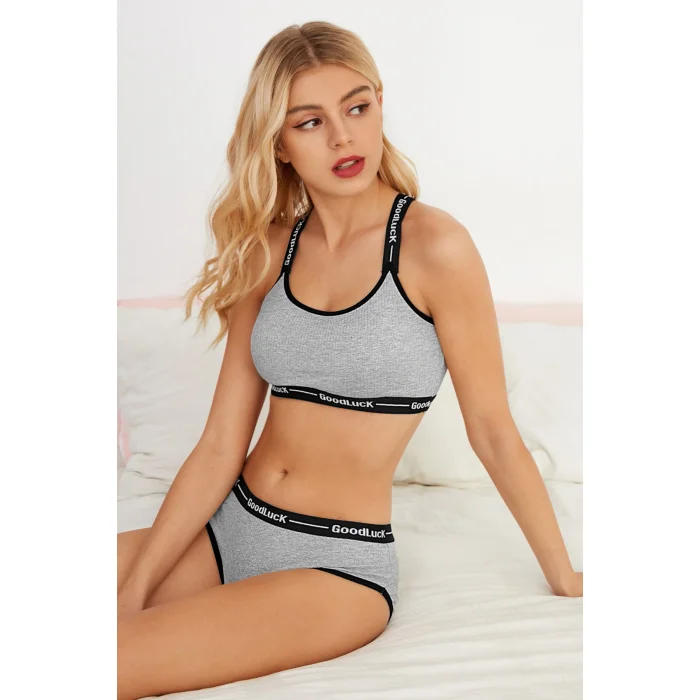 Kadın Gri Çapraz Sırtlı Yazılı Iç Çamaşır Takımı