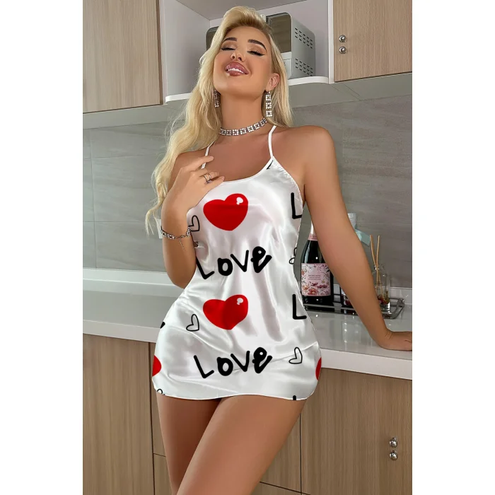 Love Desenli Beyaz Saten Gecelik