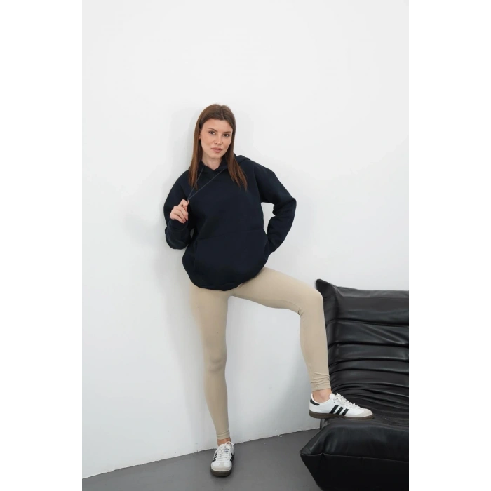 3 iplik şardonlu kapşonlu swetshirt lacivert md63