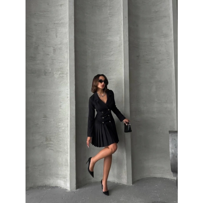 Altı piliseli uzun kollu ceket elbise siyah s255016