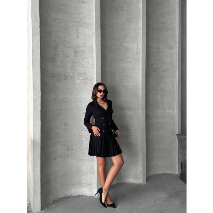 Altı piliseli uzun kollu ceket elbise siyah s255016