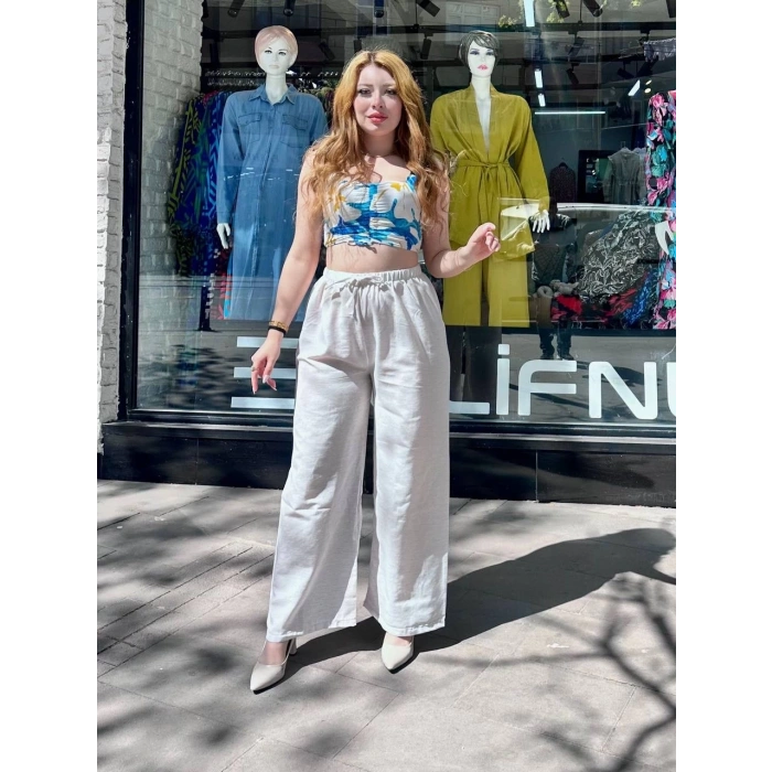 Bağcıklı keten pantolon krem