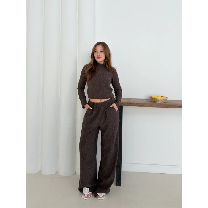 Balıkçı yaka örme takım kahve st265865