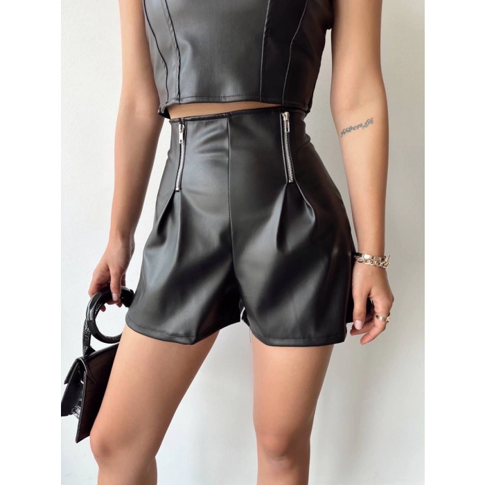 Çift fermuarlı deri şort h24394