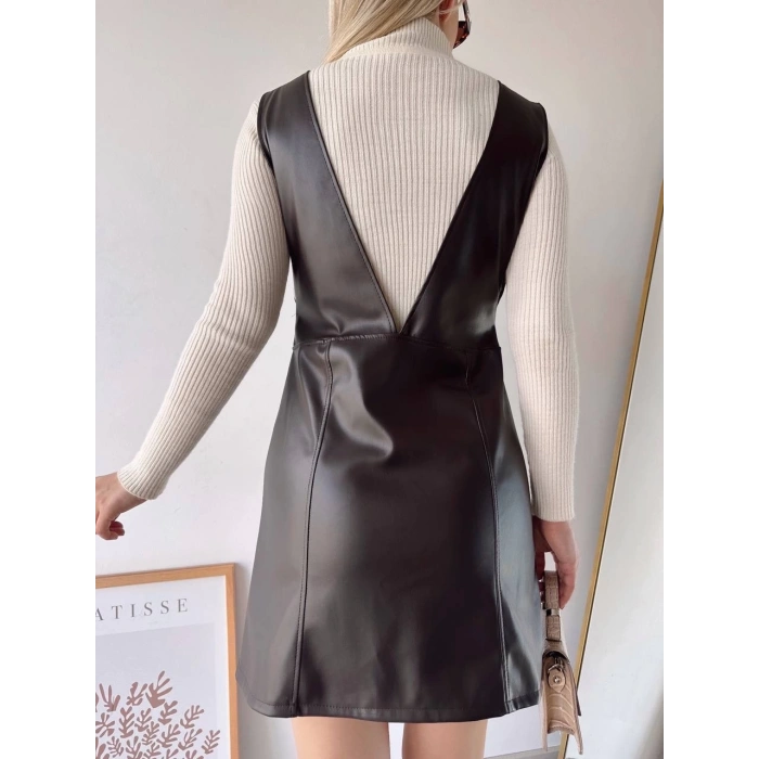 Deri jile elbise kahve w24796