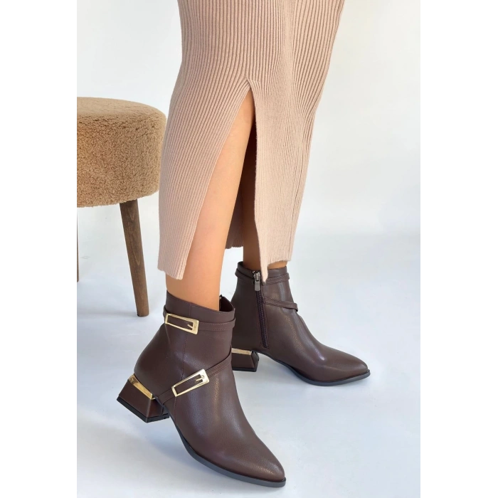 İnay Kahverengi Cilt Topuklu Bot