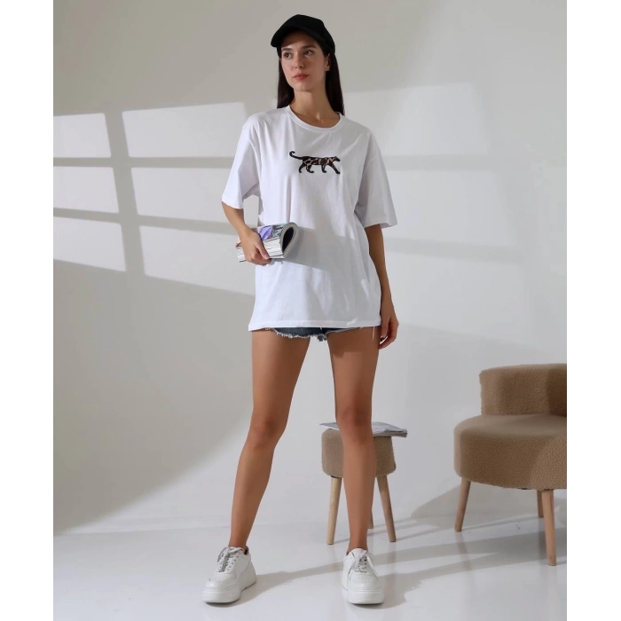 Kaplan nakış işlemeli Oversize tişört