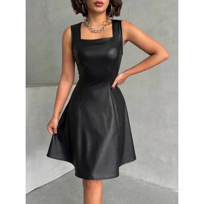 Kare yaka deri elbise siyah h24442