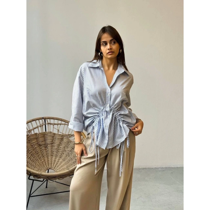 Önü büzgü detaylı çizgili gömlek