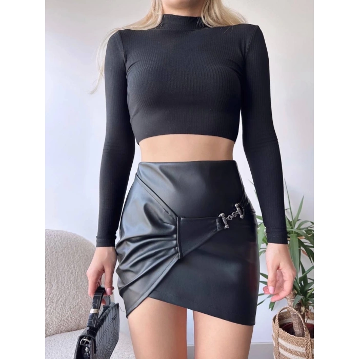 Tokalı deri etek siyah s240097