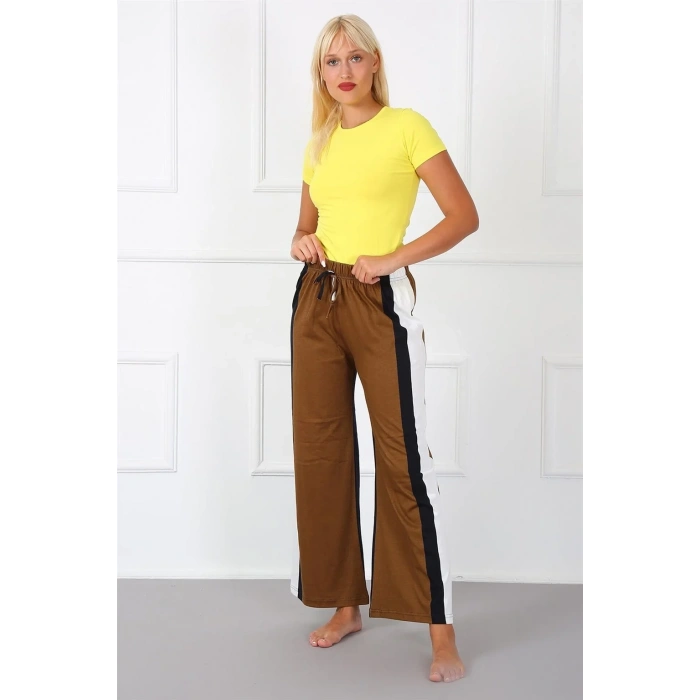 Moda Bayan Penye Bol Paça Pantolon Sütlü Kahve