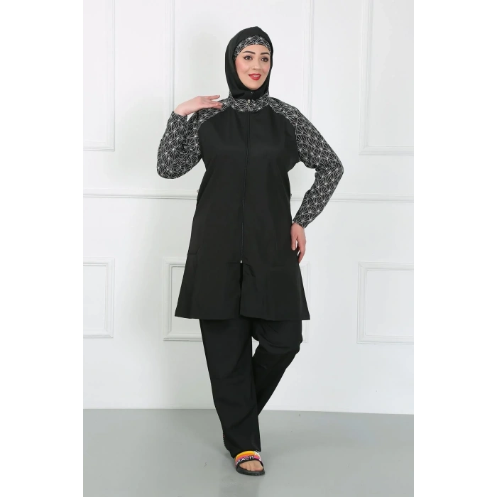 Moda Büyük Beden Desenli Tesettür Mayo Siyah