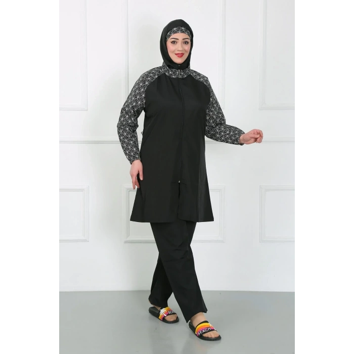 Moda Büyük Beden Desenli Tesettür Mayo Siyah