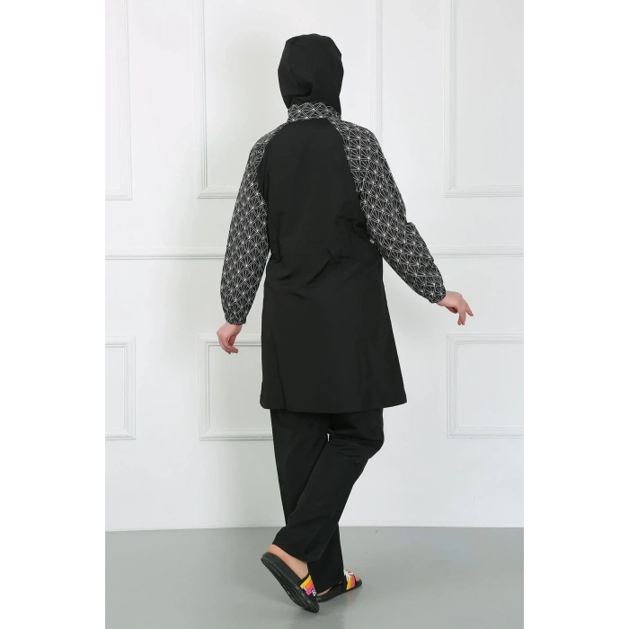 Moda Büyük Beden Desenli Tesettür Mayo Siyah