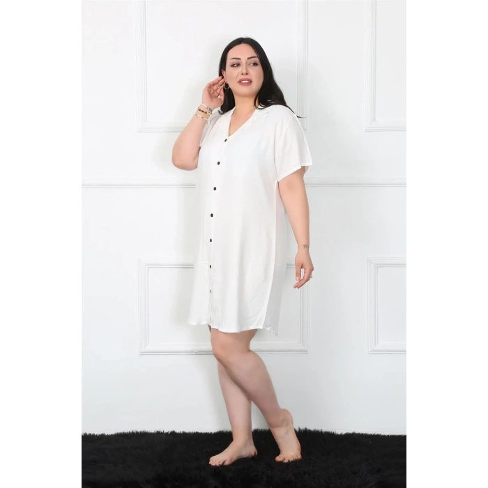 Moda Büyük Beden Dokuma Düğmeli Beyaz Tunik Gecelik