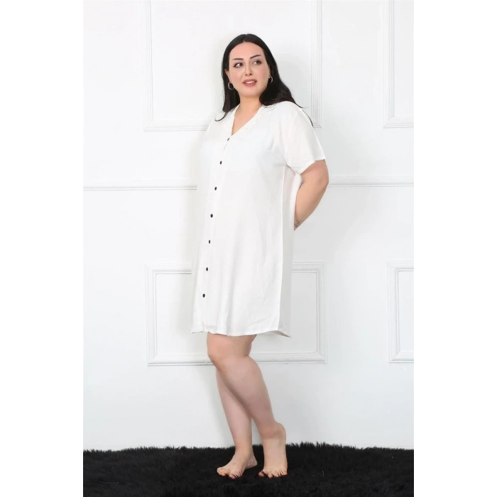 Moda Büyük Beden Dokuma Düğmeli Beyaz Tunik Gecelik