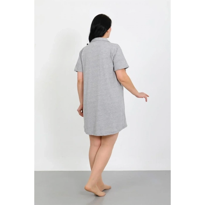 Moda Büyük Beden Penye Düğmeli Gri Tunik Gecelik