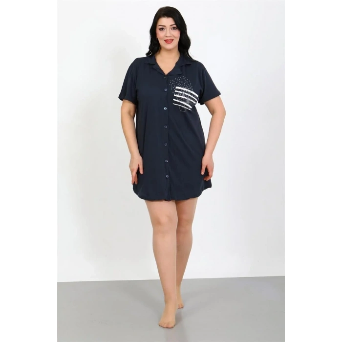 Moda Büyük Beden Penye Düğmeli Lacivert Tunik Gecelik