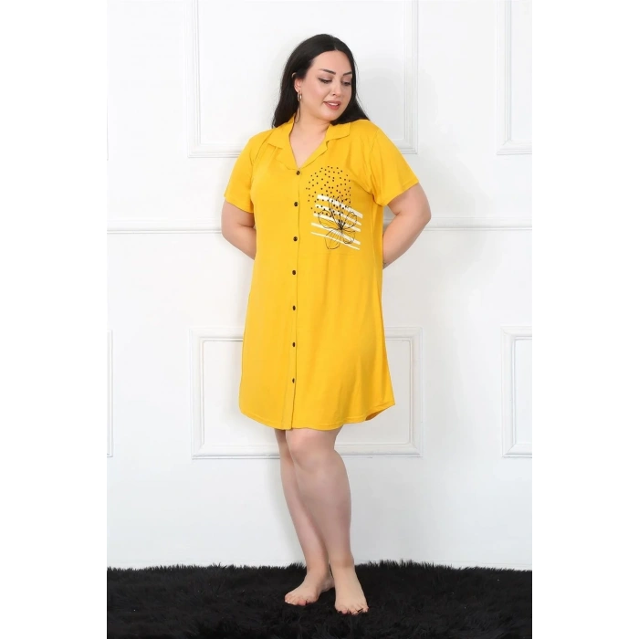 Moda Büyük Beden Penye Düğmeli Sarı Tunik Gecelik