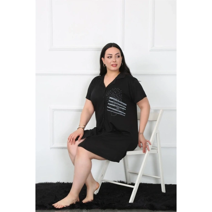 Moda Büyük Beden Penye Düğmeli Siyah Tunik Gecelik