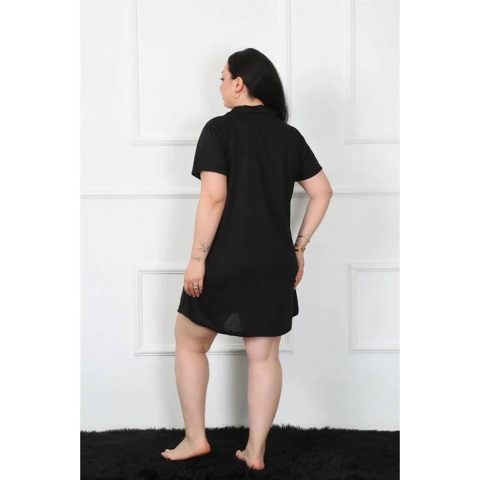 Moda Büyük Beden Penye Düğmeli Siyah Tunik Gecelik