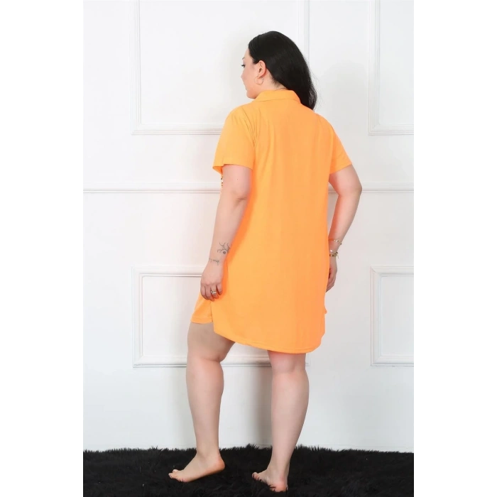 Moda Büyük Beden Penye Düğmeli Turuncu Tunik Gecelik