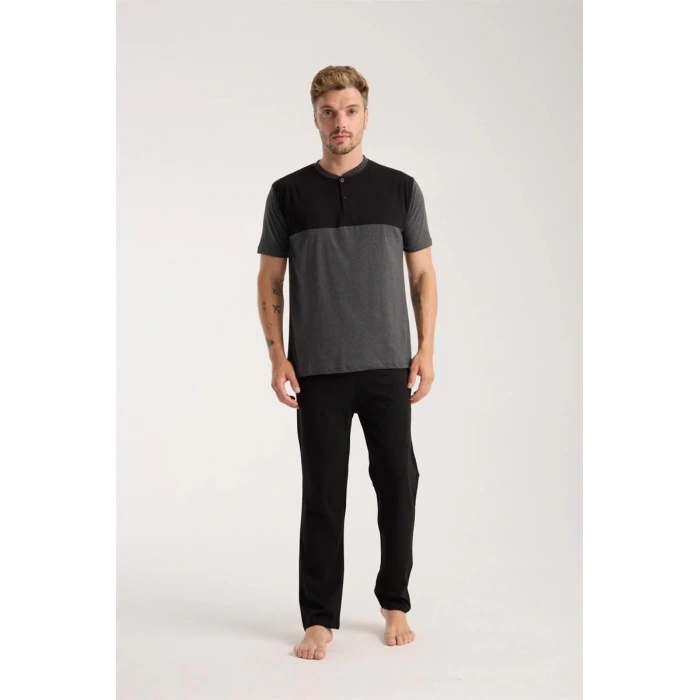 Moda Erkek Antrasit Düğmeli Yaka Kısa Kol Pijama Takımı