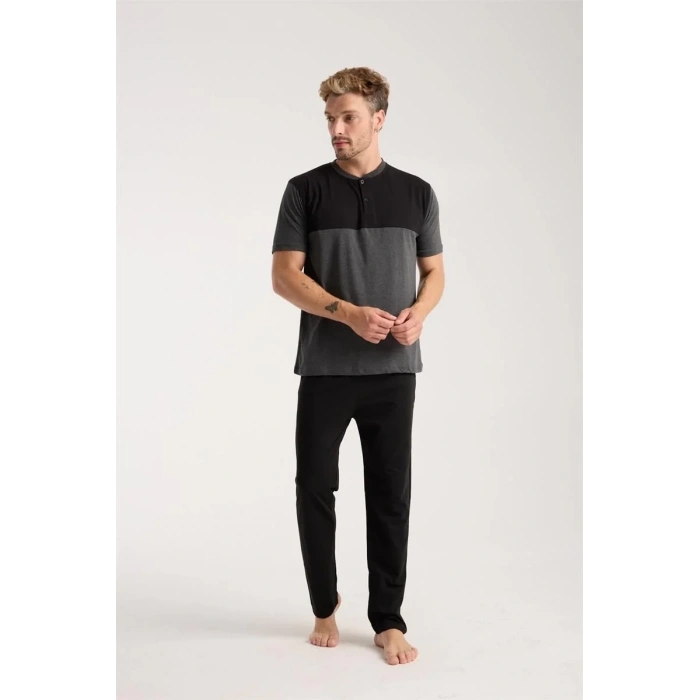 Moda Erkek Antrasit Düğmeli Yaka Kısa Kol Pijama Takımı