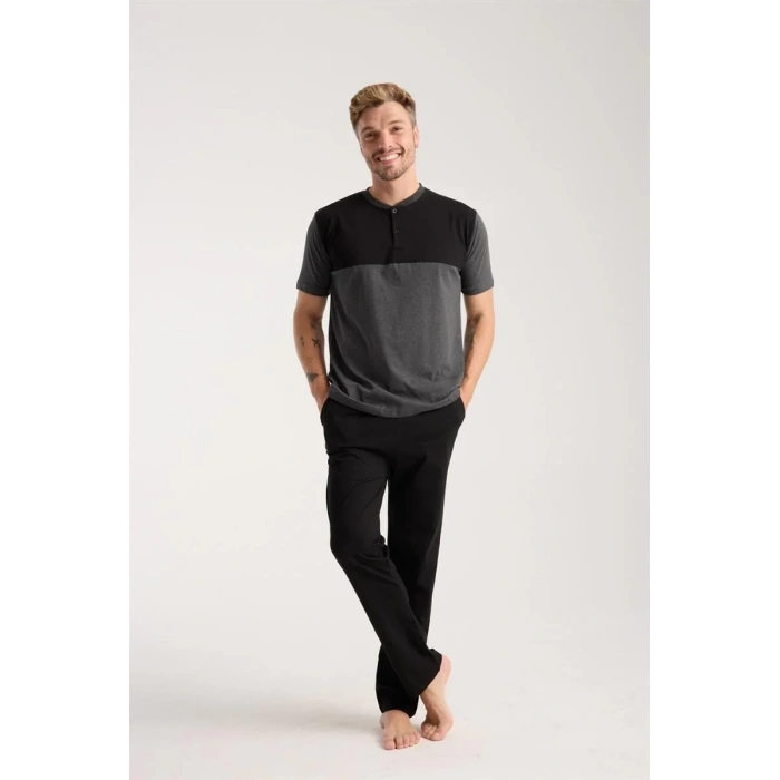 Moda Erkek Antrasit Düğmeli Yaka Kısa Kol Pijama Takımı