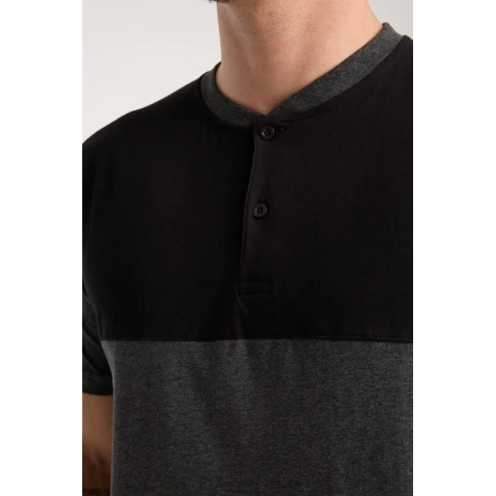 Moda Erkek Antrasit Düğmeli Yaka Kısa Kol Pijama Takımı