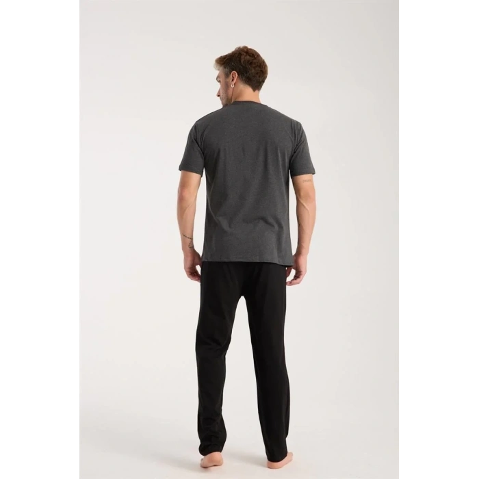 Moda Erkek Antrasit Düğmeli Yaka Kısa Kol Pijama Takımı