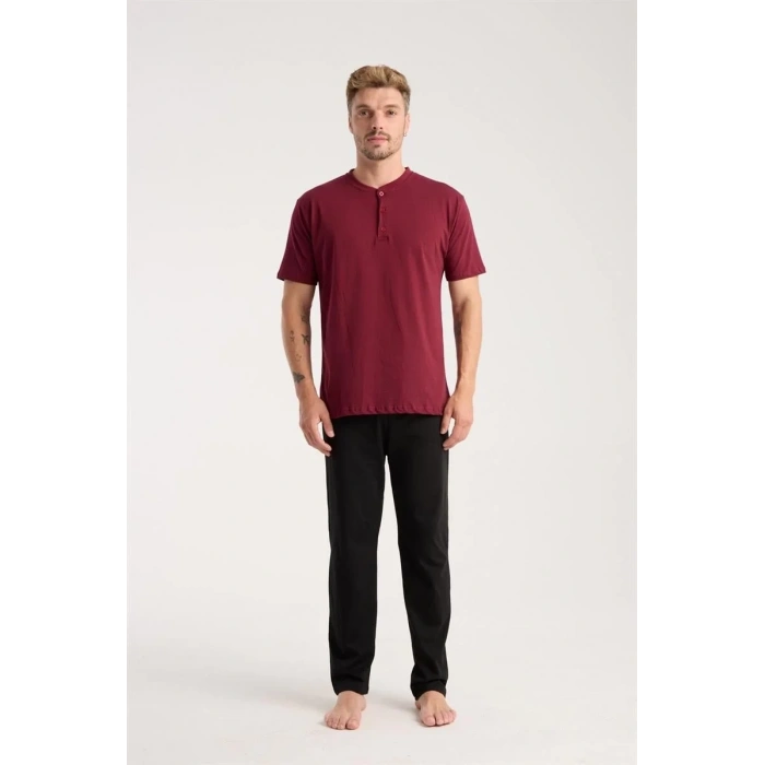 Moda Erkek Bordo Düğmeli Yaka Kısa Kol Pijama Takımı
