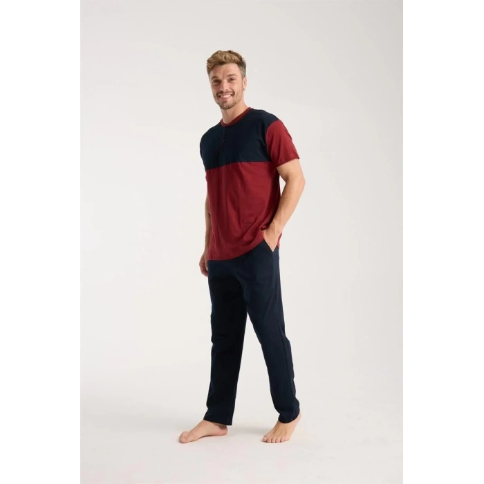 Moda Erkek Bordo Düğmeli Yaka Kısa Kol Pijama Takımı